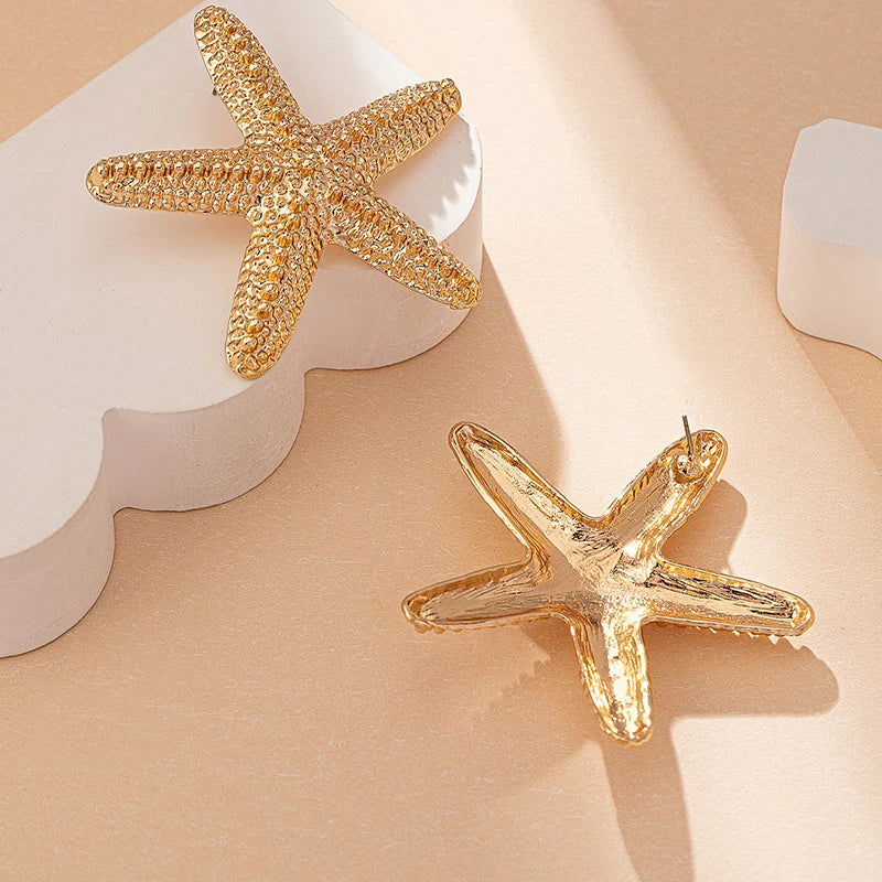 Modern Jewelry Accessories Gold Color Metal Statement Earrings and Adjustable Neck Choker Starfish Pendant Necklace for Women