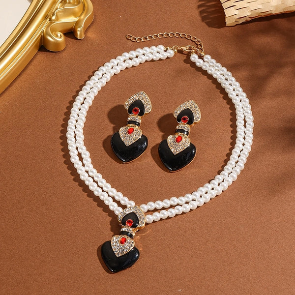 Bride Wedding Jewelry Set Elegant Enamel Rhinestone Love Imitation Pearl Beaded Necklace and Earrings