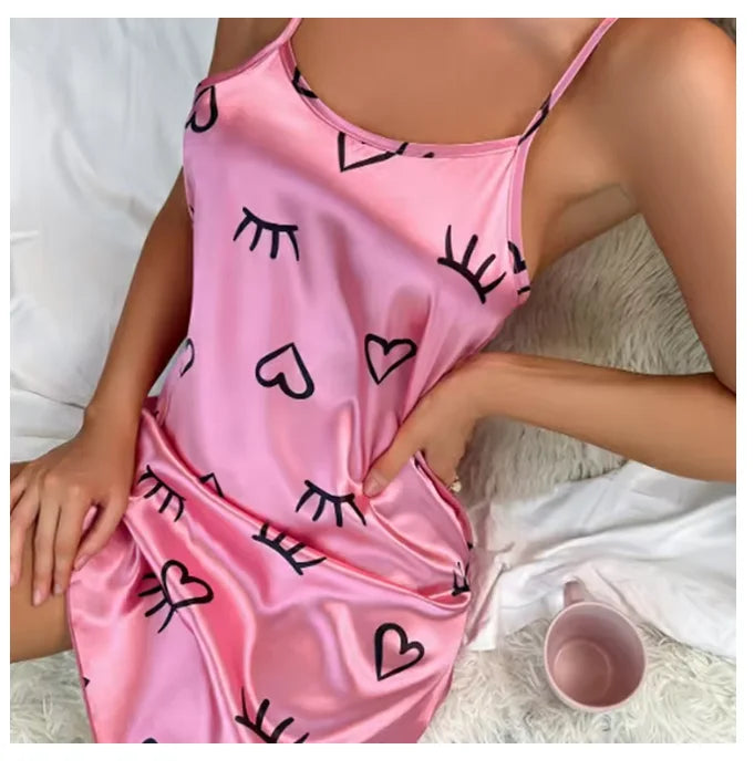 Women Nightwear Home Clothes Sexy Black Floral Printing Nightdress Sleepwear Nightshirts Silk Sleepshirts