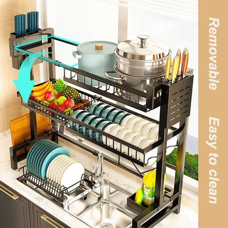 "Multifunctional stretchable kitchen shelf—above-sink draining rack for bowls, dishes, and utensils."