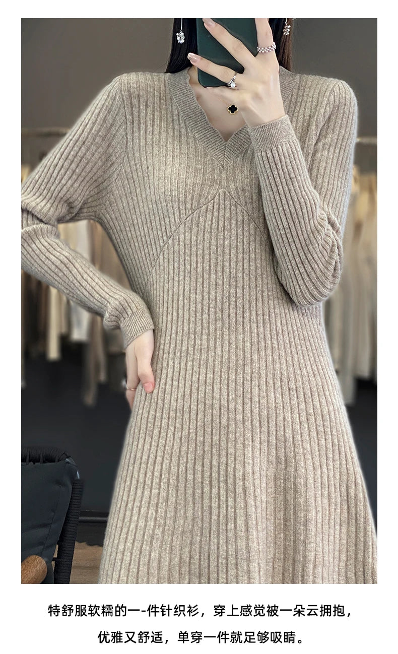100% Merino wool cashmere dress—V-neck pullover style, warm and stylish for autumn and winter