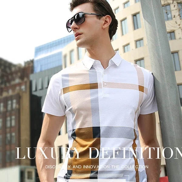 Men's Fashion Business Casual Stripe Polo Comfortable Cotton Top British Style