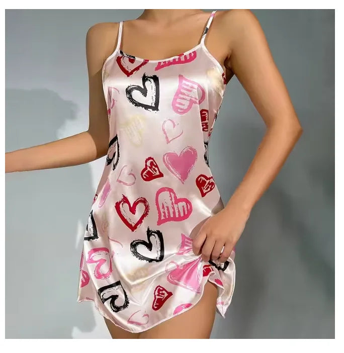 Women Nightwear Home Clothes Sexy Black Floral Printing Nightdress Sleepwear Nightshirts Silk Sleepshirts