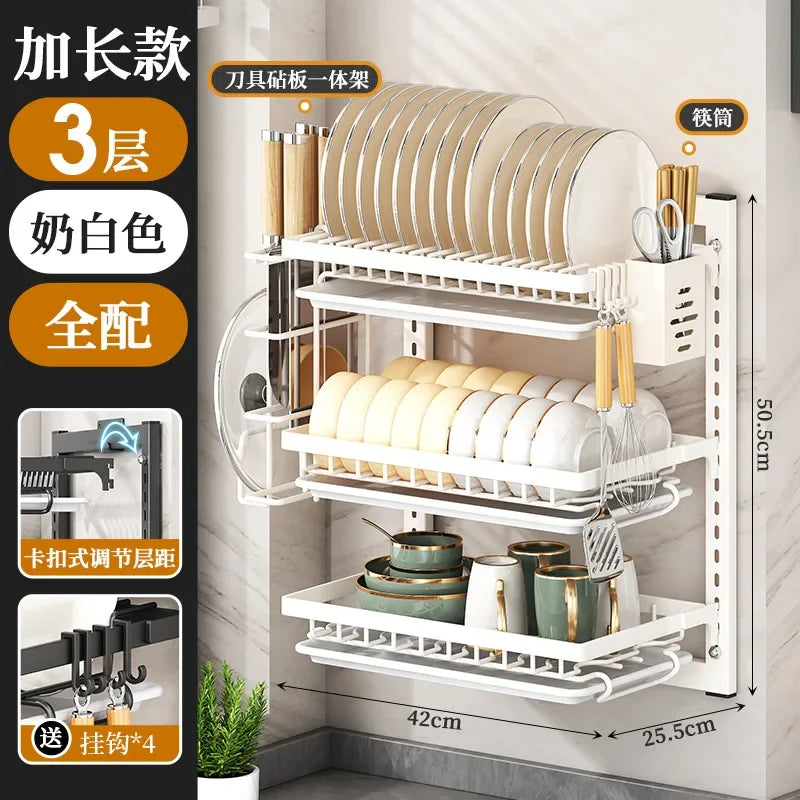Wall-mounted no-hole kitchen dish rack—multifunctional storage for plates, chopsticks, knives, and cups."