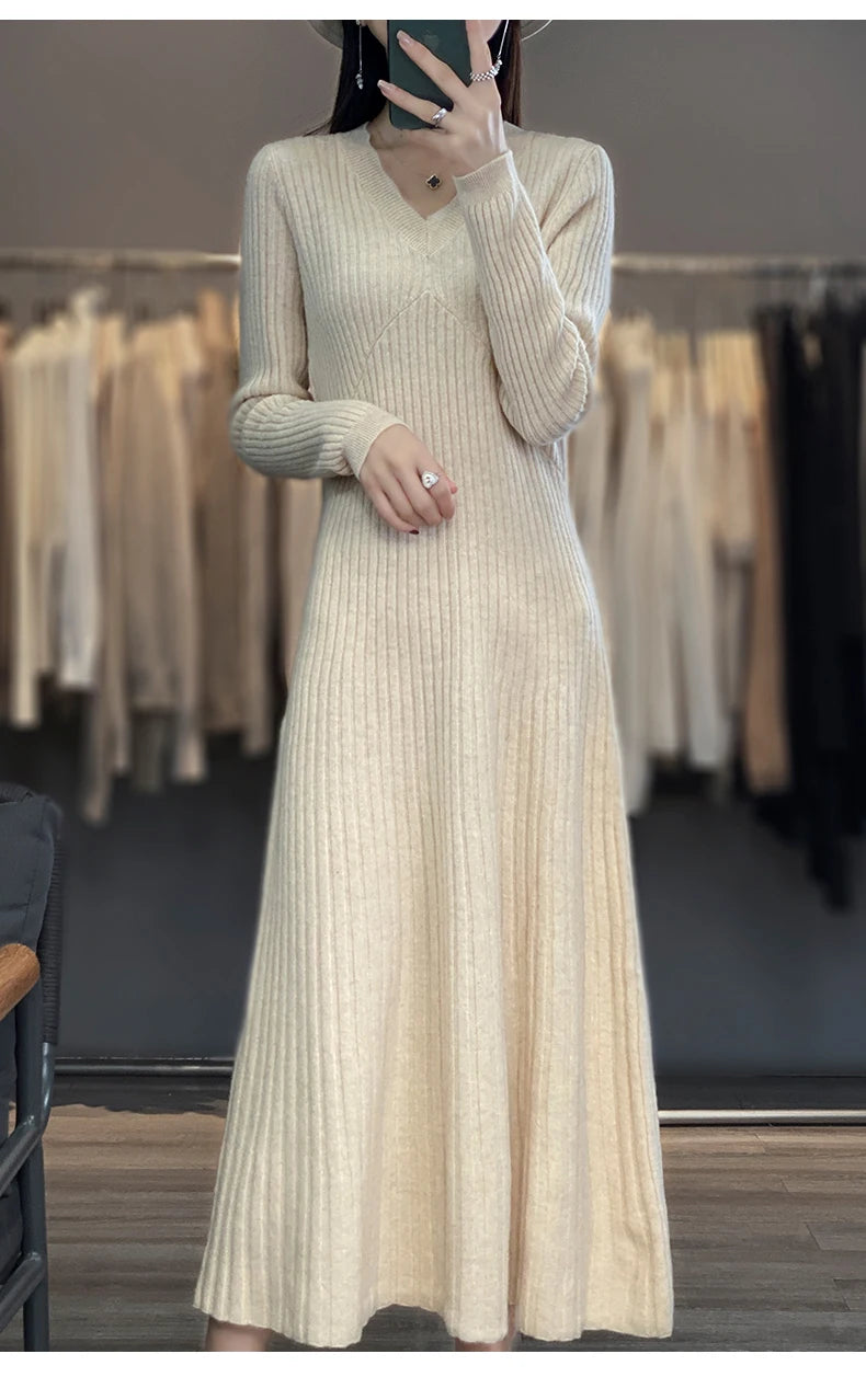 100% Merino wool cashmere dress—V-neck pullover style, warm and stylish for autumn and winter