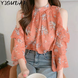 Elegant off-shoulder chiffon blouse—long sleeves and stylish design for a feminine, modern look.