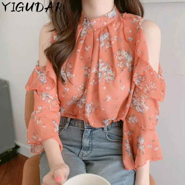 Elegant off-shoulder chiffon blouse—long sleeves and stylish design for a feminine, modern look.