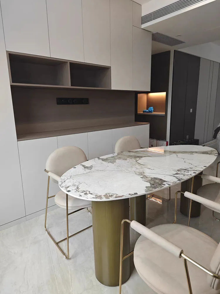 Modern marble kitchen dining table—luxury mid-century design perfect for home and living spaces."