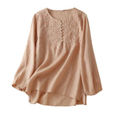 2025 vintage embroidered jacquard top—long-sleeve, loose-fit cotton-linen blend for effortless elegance.