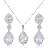 "Elegant zircon jewelry set with necklace and water drop earrings—perfect for brides and special occasions."