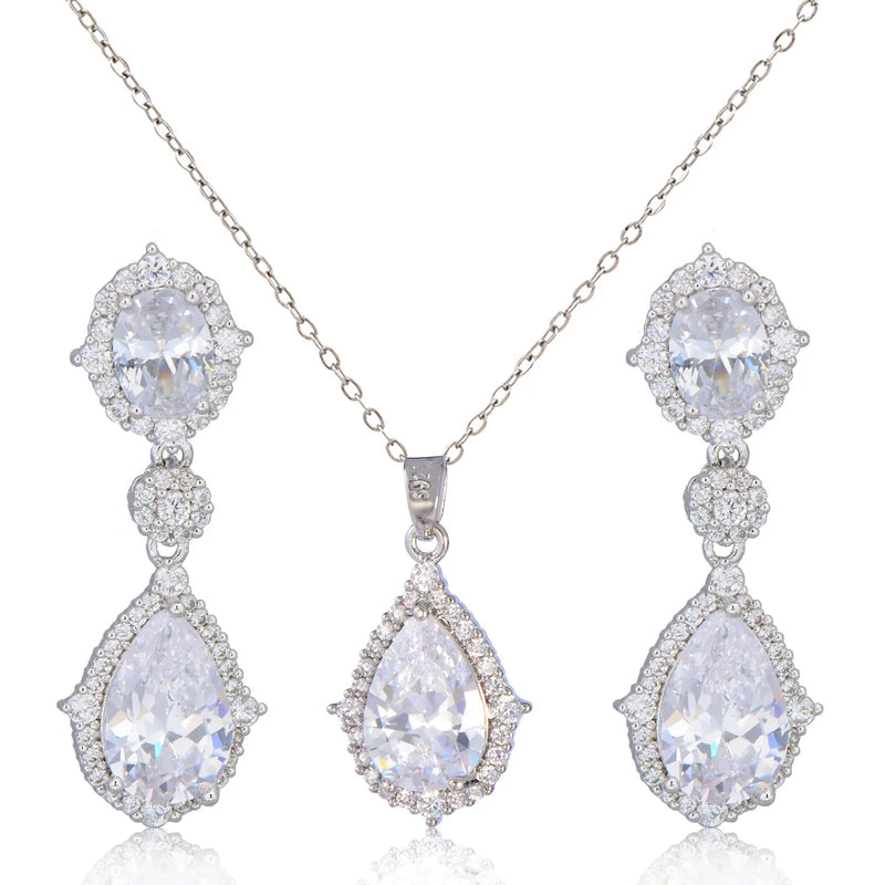 "Elegant zircon jewelry set with necklace and water drop earrings—perfect for brides and special occasions."