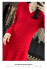 100% Merino wool cashmere dress—V-neck pullover style, warm and stylish for autumn and winter