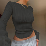 Y2K white ruched long-sleeve cropped T-shirt—skinny fit, perfect for casual autumn looks.