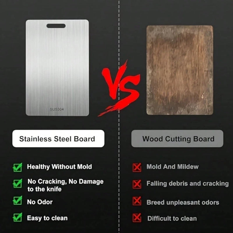 "1pc titanium alloy double-sided stainless steel chopping board—durable and perfect for kitchen and dining.