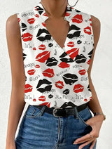 Women's Blouse White Shirts & Blouses Print Sleeveless Tops Loose V Neck Pulovers Summer Youthful Woman Clothes 2024 New