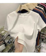 White cotton Y2K-style T-shirt for women—short sleeves, comfy fit, and perfect for spring