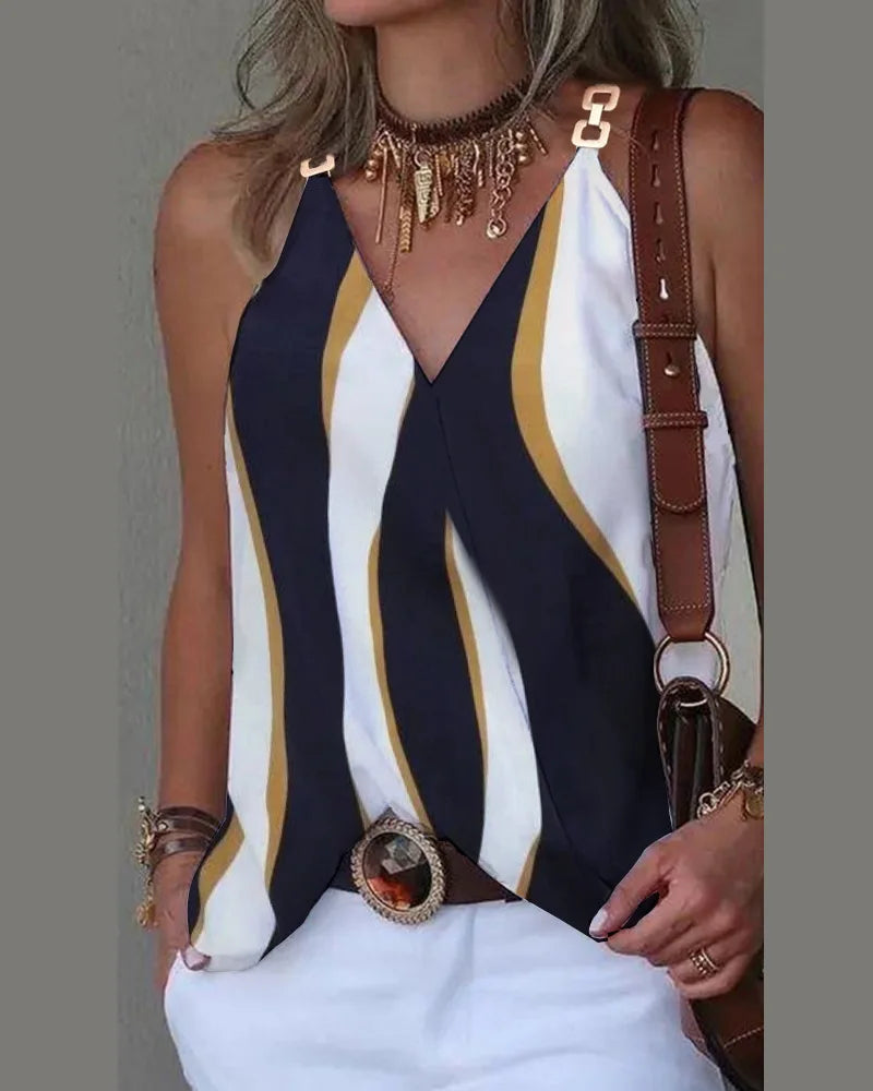 new sleeveless V-neck blouse—lightweight, printed, and perfect for a youthful summer look.