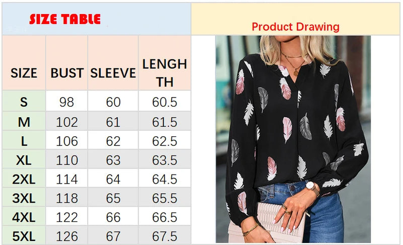 Elegant chiffon blouse with feather pattern—long sleeves and stylish design for a chic look.