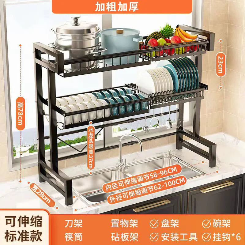 "Multifunctional stretchable kitchen shelf—above-sink draining rack for bowls, dishes, and utensils."