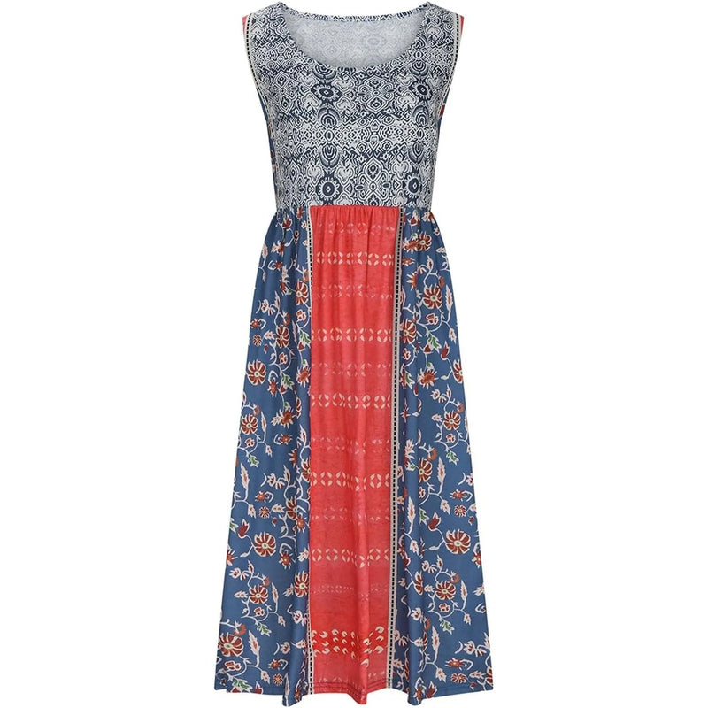 Vintage printed sleeveless maxi dress with pockets—casual, comfy, and perfect for summer style.