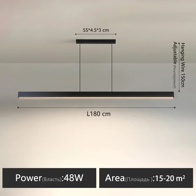 Minimalist modern chandelier—sleek strip light for dining rooms, bars, or office spaces.