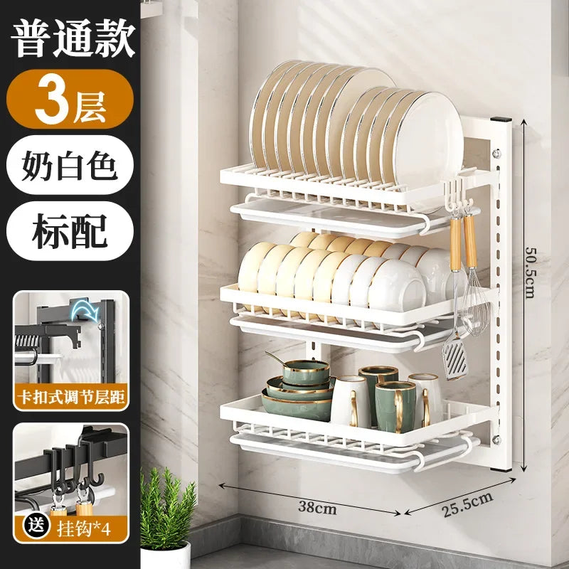 Wall-mounted no-hole kitchen dish rack—multifunctional storage for plates, chopsticks, knives, and cups."