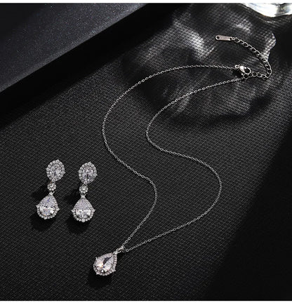"Elegant zircon jewelry set with necklace and water drop earrings—perfect for brides and special occasions."