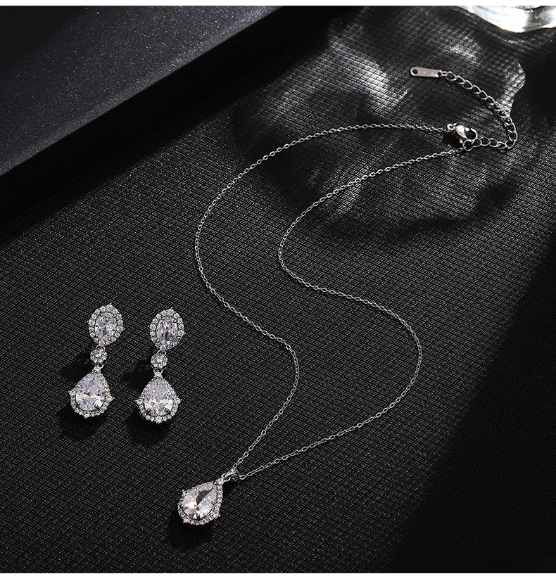 "Elegant zircon jewelry set with necklace and water drop earrings—perfect for brides and special occasions."