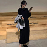 Black crochet knit maxi dress—loose, stylish, and perfect for evening wear with a Y2K Harajuku vibe