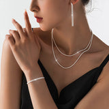 Set of Shiny Silver Plated Collarbone Chain Necklace Bracelet Jewelry, Women's Minimalist Starry Sky Accessories