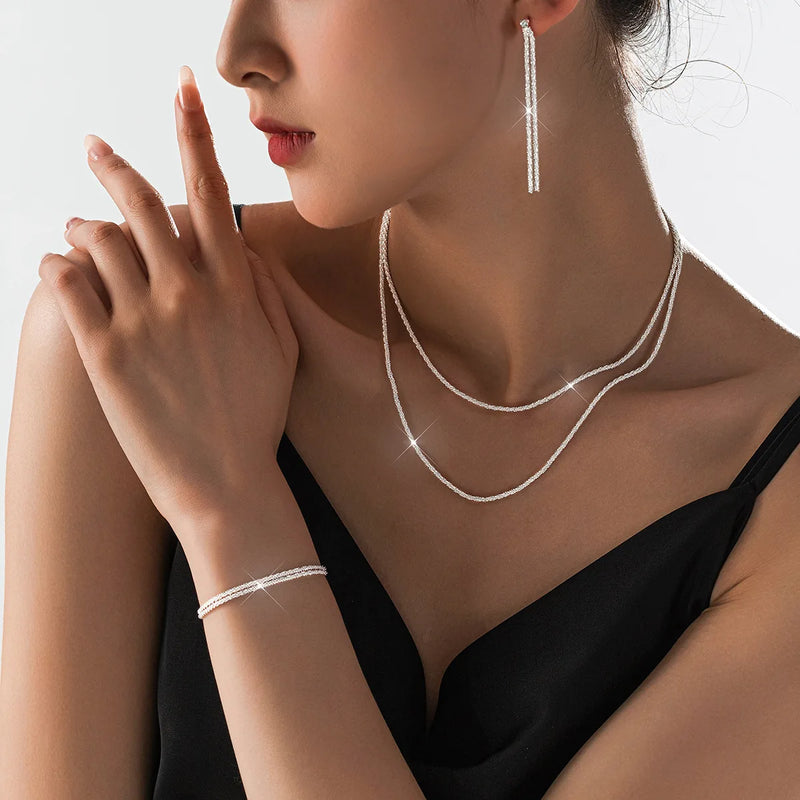 Set of Shiny Silver Plated Collarbone Chain Necklace Bracelet Jewelry, Women's Minimalist Starry Sky Accessories