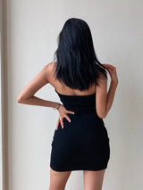 Y2K vintage halter dress with button polo neck—classic, elegant, and perfect for casual streetwear style.