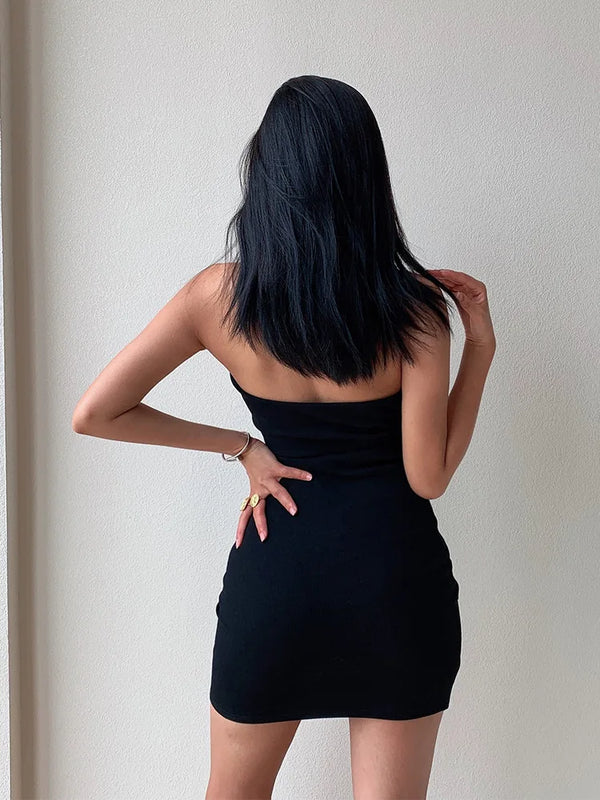 Y2K vintage halter dress with button polo neck—classic, elegant, and perfect for casual streetwear style.