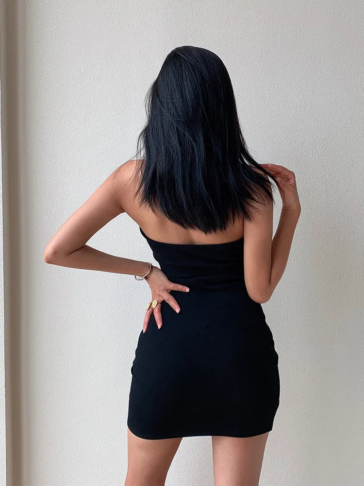 Y2K vintage halter dress with button polo neck—classic, elegant, and perfect for casual streetwear style.