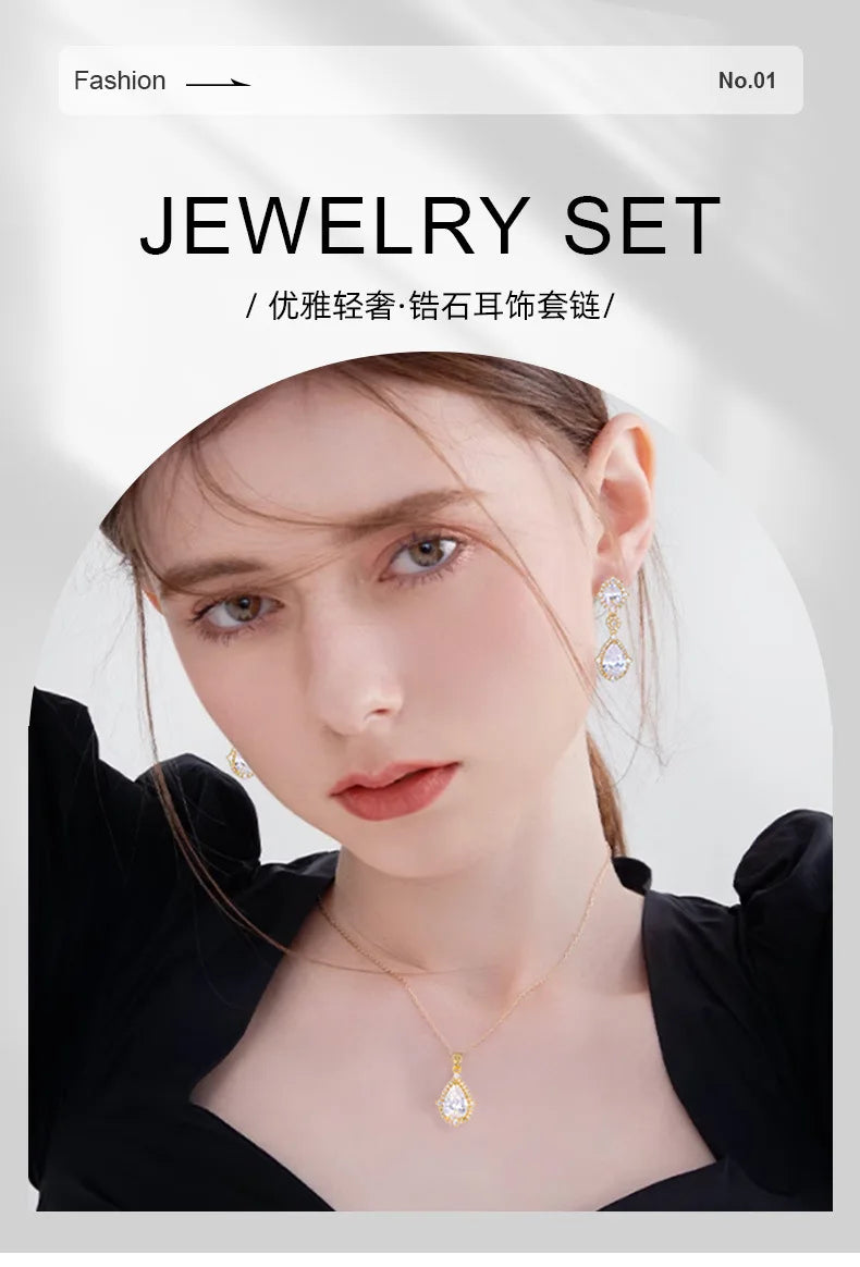 "Elegant zircon jewelry set with necklace and water drop earrings—perfect for brides and special occasions."