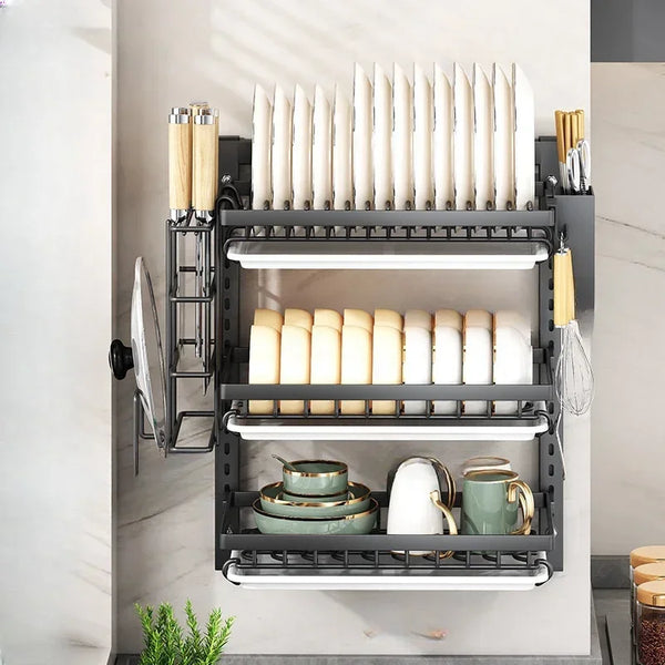 Wall-mounted no-hole kitchen dish rack—multifunctional storage for plates, chopsticks, knives, and cups."