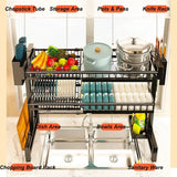 "Multifunctional stretchable kitchen shelf—above-sink draining rack for bowls, dishes, and utensils."