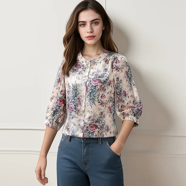 Elegant floral O-neck top with three-quarter sleeves—vintage-inspired, stylish, and perfect for summer.