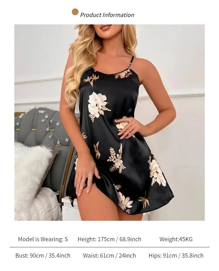Women Nightwear Home Clothes Sexy Black Floral Printing Nightdress Sleepwear Nightshirts Silk Sleepshirts