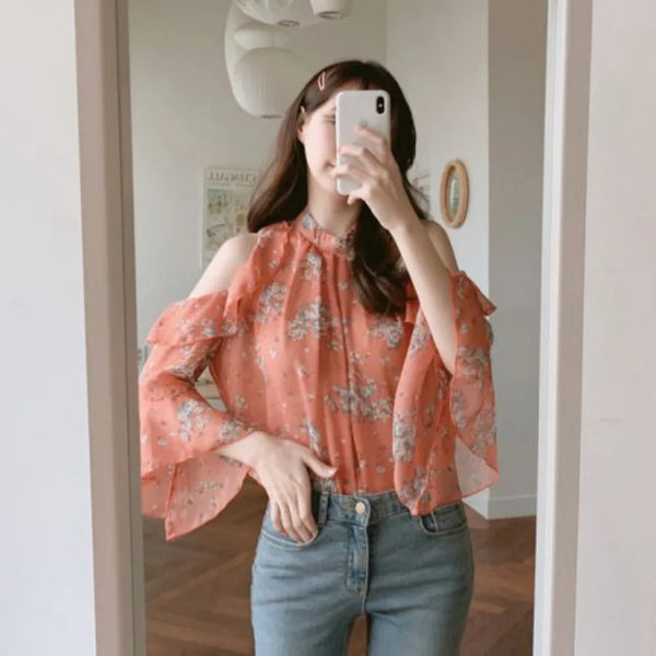 Elegant off-shoulder chiffon blouse—long sleeves and stylish design for a feminine, modern look.