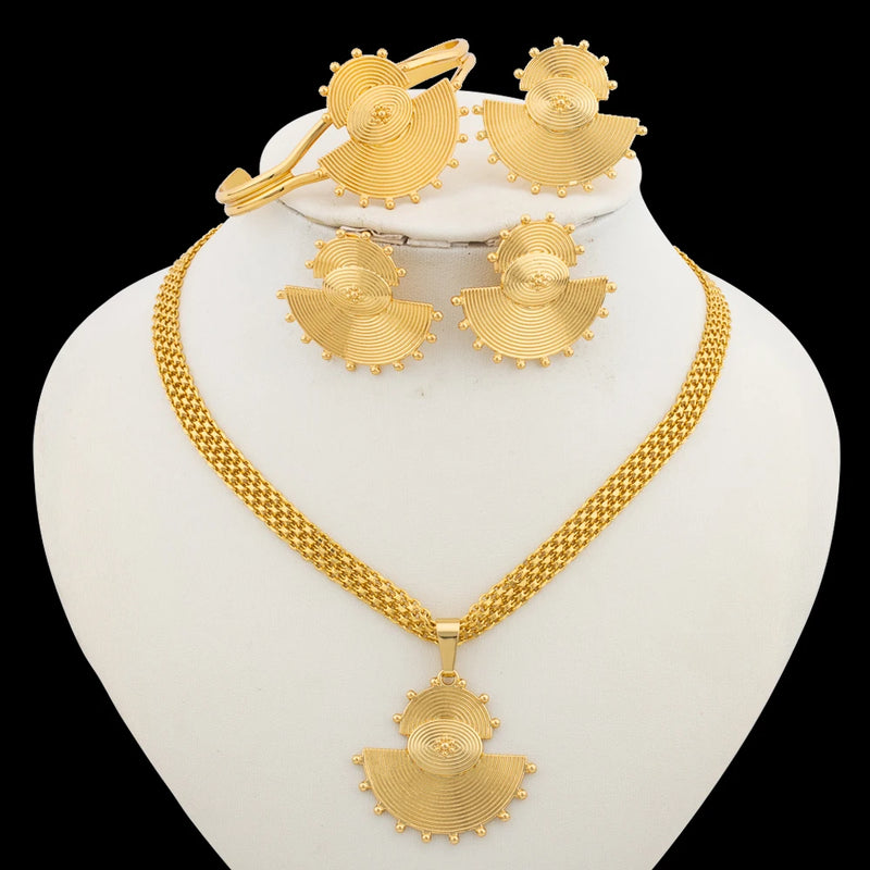 Fashion Women Jewelry Set for Accessories 18k Gold Color Earrings and Ring Bangle Ring Set for Engagement Party