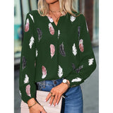 Elegant chiffon blouse with feather pattern—long sleeves and stylish design for a chic look.
