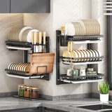 Wall-mounted no-hole kitchen dish rack—multifunctional storage for plates, chopsticks, knives, and cups."
