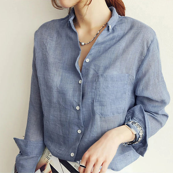 Women's linen long-sleeve white shirt—lightweight, stylish, and perfect for summer fashion."