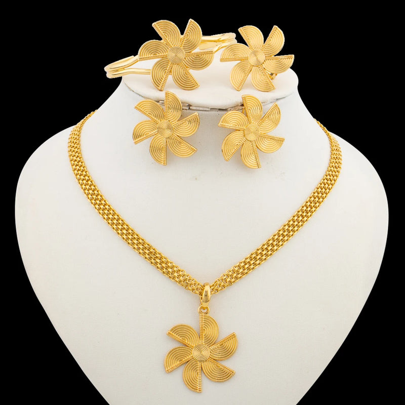 Fashion Women Jewelry Set for Accessories 18k Gold Color Earrings and Ring Bangle Ring Set for Engagement Party