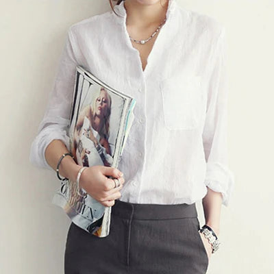 Women's linen long-sleeve white shirt—lightweight, stylish, and perfect for summer fashion."