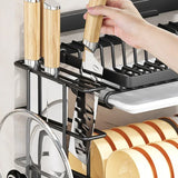 Wall-mounted no-hole kitchen dish rack—multifunctional storage for plates, chopsticks, knives, and cups."