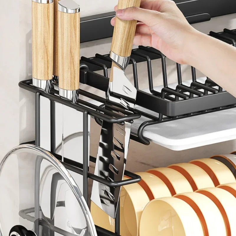 Wall-mounted no-hole kitchen dish rack—multifunctional storage for plates, chopsticks, knives, and cups."