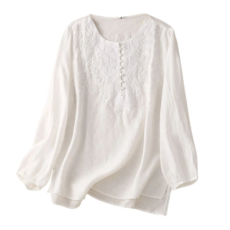 2025 vintage embroidered jacquard top—long-sleeve, loose-fit cotton-linen blend for effortless elegance.