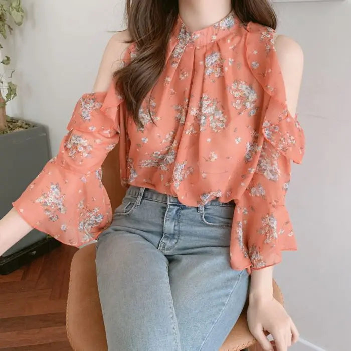 Elegant off-shoulder chiffon blouse—long sleeves and stylish design for a feminine, modern look.